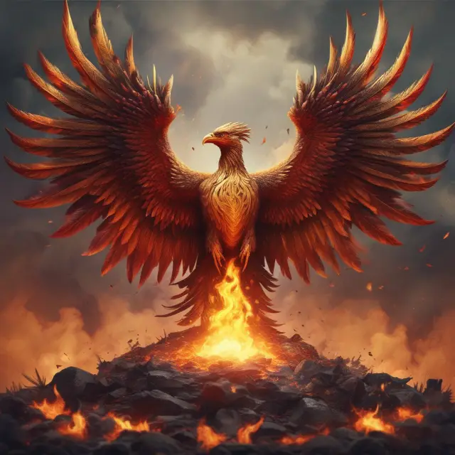 Image: A mythical Phoenix rising from a pile of BNB tokens representing token burning and profit distribution.