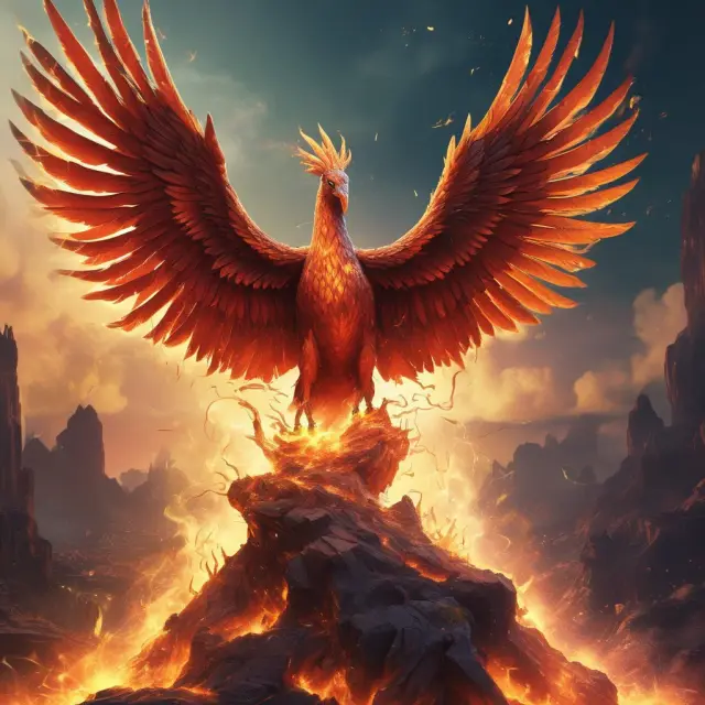 A mythical Phoenix rises from ashes against a backdrop of digital blockchain symbols, illustrating the growth and transformation of Binance Smart Chain.