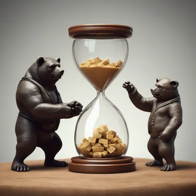 Binary bull and bear playing a game of chance over an hourglass, illustrating the fixed risk and reward nature of binary options