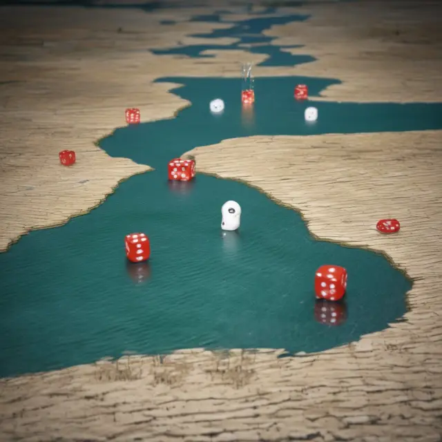 Dice representing discrete events (binomial distribution) and a flowing river symbolizing continuous data (normal distribution) illustrate financial risk assessments.
