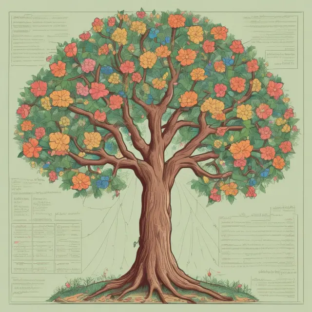 Visualization of a binomial tree brimming with colorful flowers representing options pricing, hedging strategies, and portfolio management