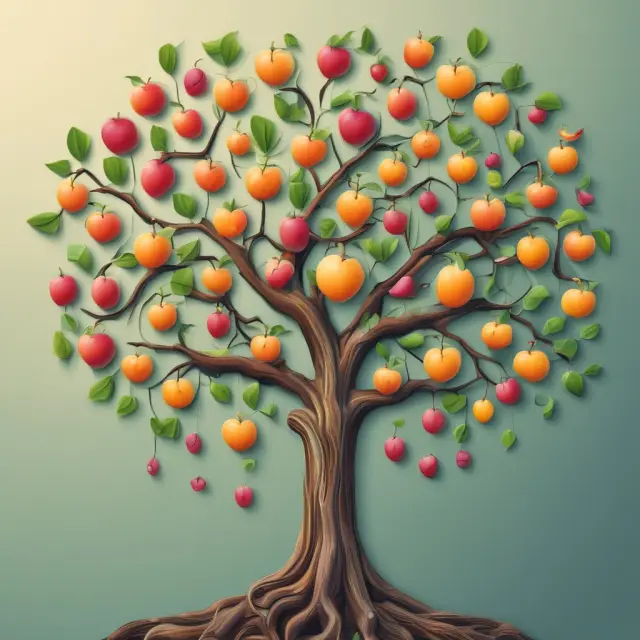 Binomial tree blooming with FAQ questions as fruit, illustrating the process of answering common queries