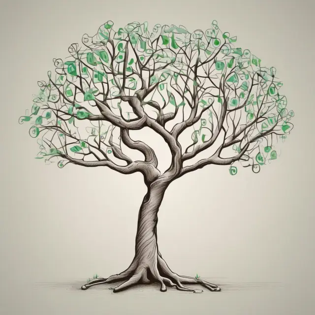 Binary tree representing the binomial option pricing model with a stock price node and a call option branch illustrating expected payoffs