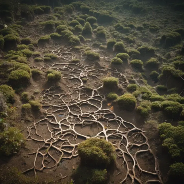 Mycoremediation: A mycelial network thriving in polluted soil, absorbing and breaking down contaminants to restore health.