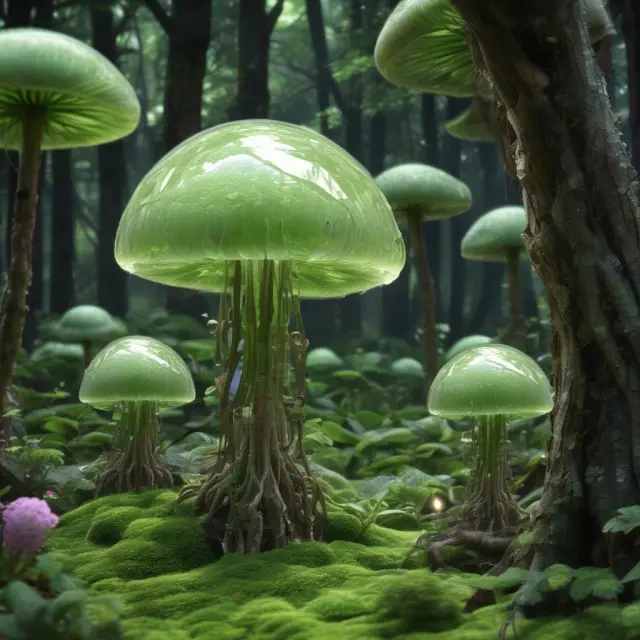 A biomechanical fungi garden with glowing, pollution-absorbing nanotech orbs growing among the mushrooms