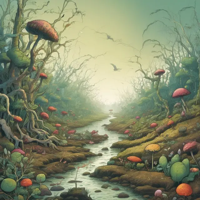 Microbes converting polluted water into clear waters and thriving vegetation through the bioremediation process