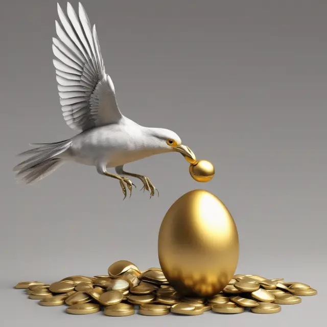 A bird releases lower-value coins instead of waiting for the potential golden egg, representing the disadvantages of focusing solely on dividend stocks over long-term capital gains.