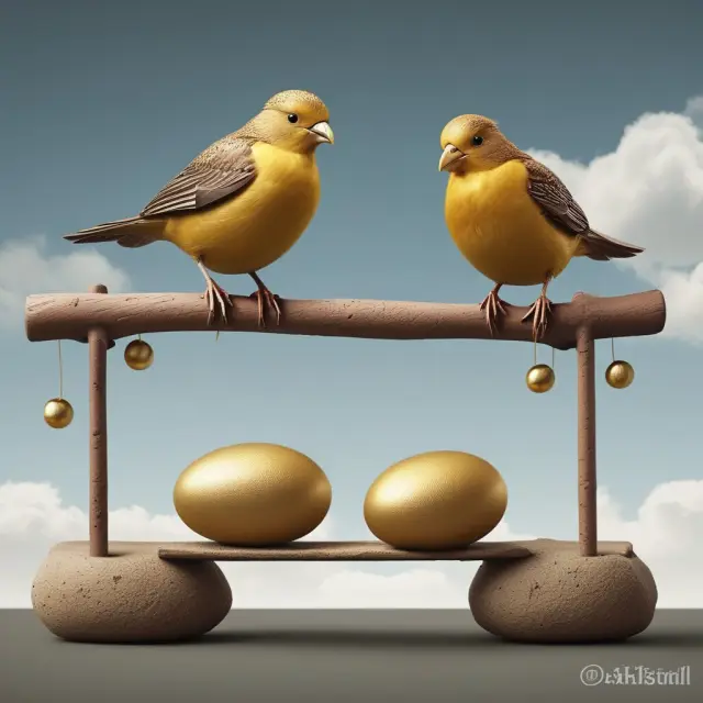 A bird balancing on a seesaw, one foot resting on golden eggs representing dividends while the other on potential capital gains
