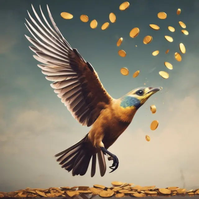 A bird gracefully releasing gold coins into a waiting hand, representing the steady and dependable income derived from dividend-paying stocks