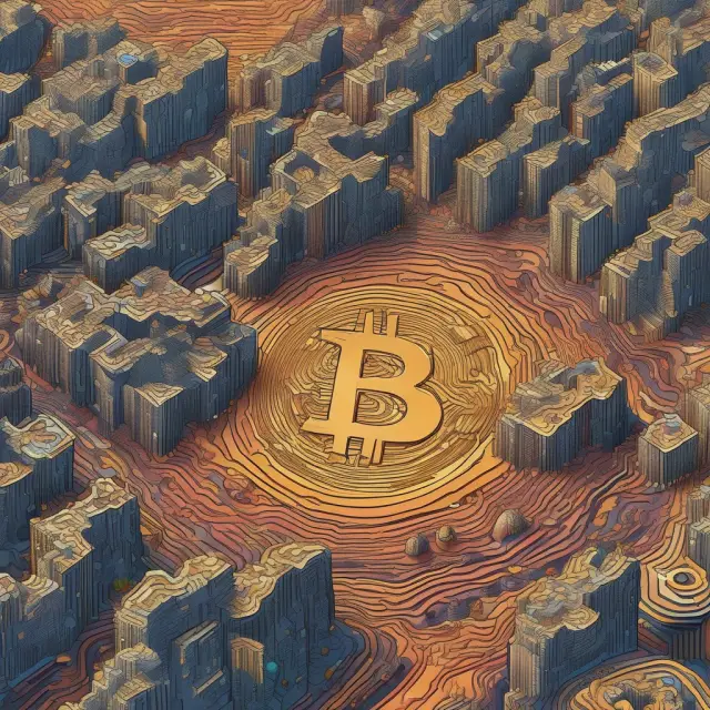 A person solving complex puzzles surrounded by an ever-expanding digital terrain, representing the process of Bitcoin mining within a decentralized network