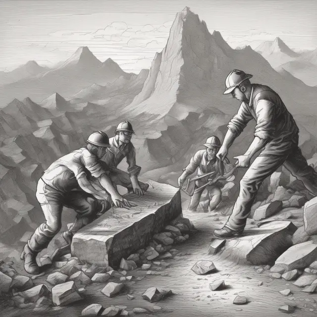 Miners compete on a mountain, solving complex math problems to secure the next block reward in Bitcoin