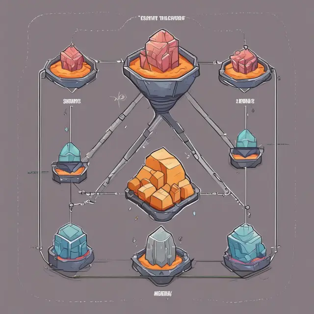 A set of scales representing mining difficulty, with each pan symbolizing security, competition, and network efficiency in the Bitcoin ecosystem.