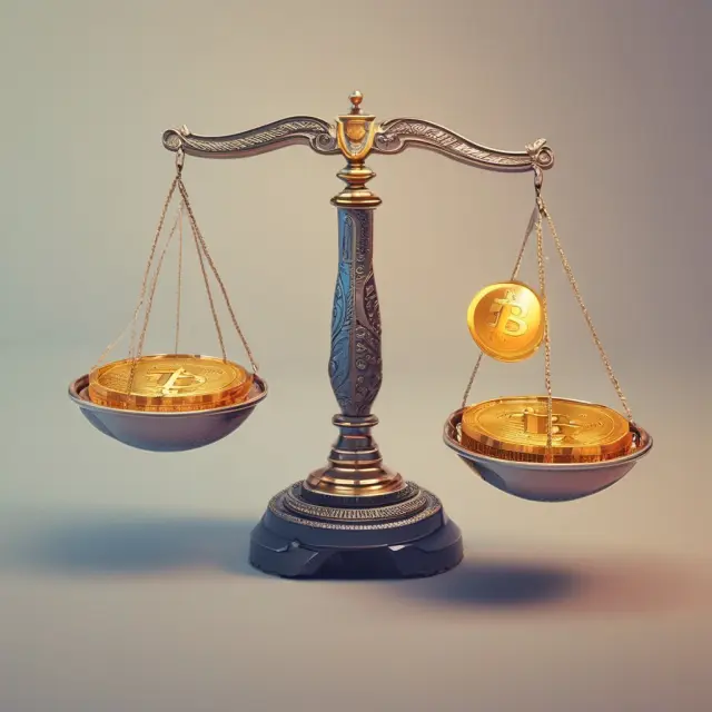 A digital Bitcoin between two scales, one labeled 