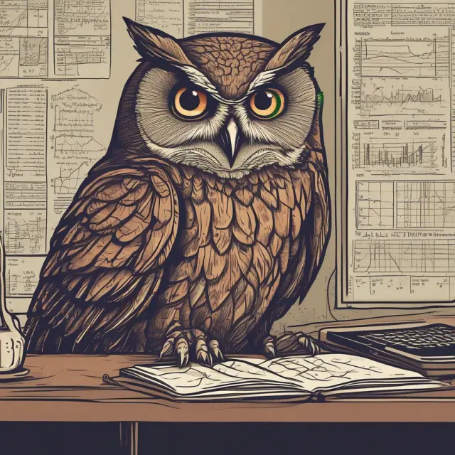 A wise owl holding the Bitcoin Misery Index (BMI), symbolizing understanding of market sentiment and successful investment strategies.