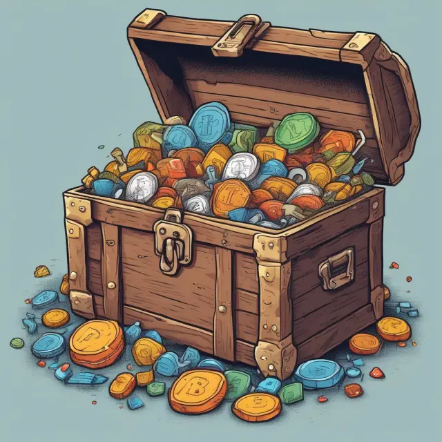 An image of a treasure chest filled with golden keys representing different types of cryptocurrency wallets: hot, cold, software, hardware, and paper