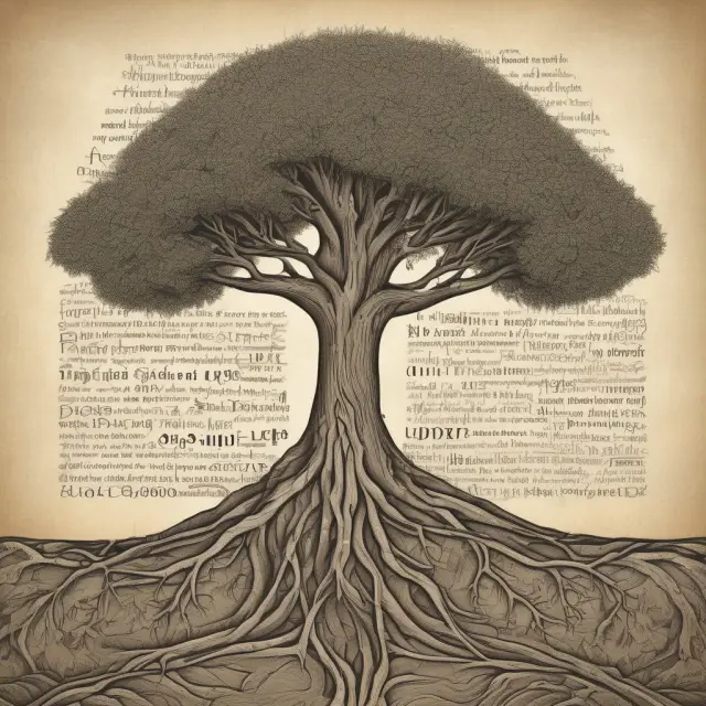 A tree with its roots forming a twelve-word seed phrase, illustrating the importance of securely storing cryptocurrency wallet backups