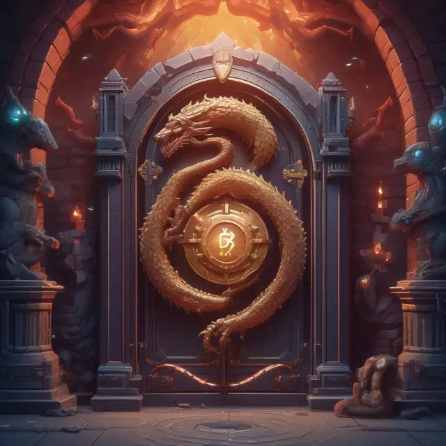 An ornate dragon guarding a digital vault, representing secure cryptocurrency wallets