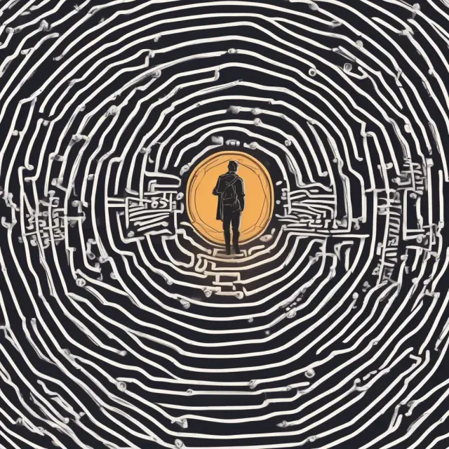 A cryptocurrency trader explores a complex labyrinth, with exchanges and wallets as keys to unlocking Bitcoin transactions