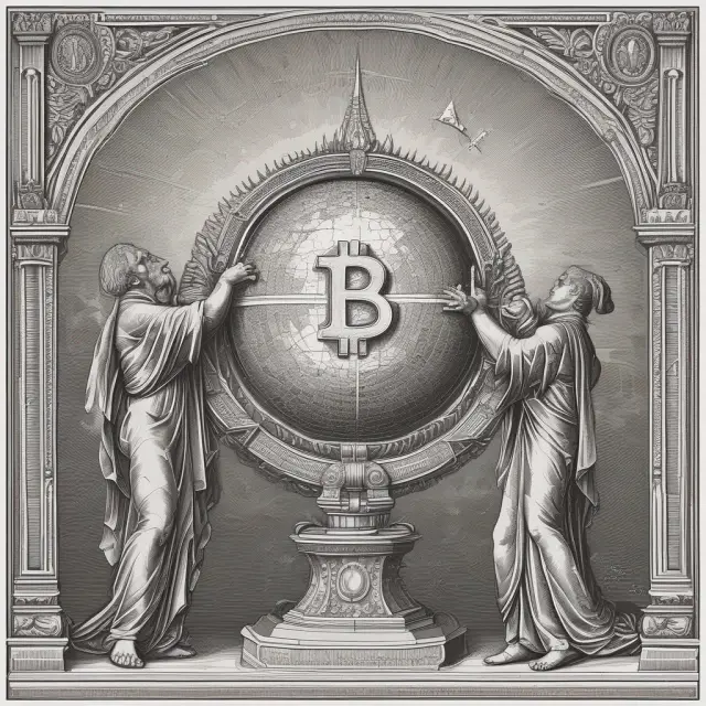 Institutions tenderly holding a glowing Bitcoin globe, representing the future of its acceptance.