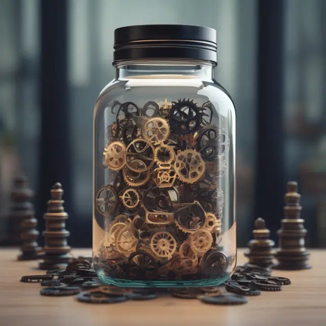 Transparent jar containing gears symbolizing the benefits (transparency) and risks (opaqueness) of using black box models in finance.