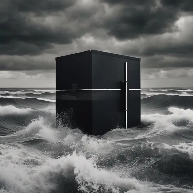 A turbulent sea with three major financial storms representing Black Monday, Long-Term Capital Management, and Flash Crashes, symbolizing the influence of black box models on finance