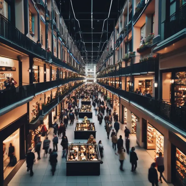 An intricate maze symbolizing the process of retailers planning for Black Friday sales, filled with inventory boxes and data analytics charts