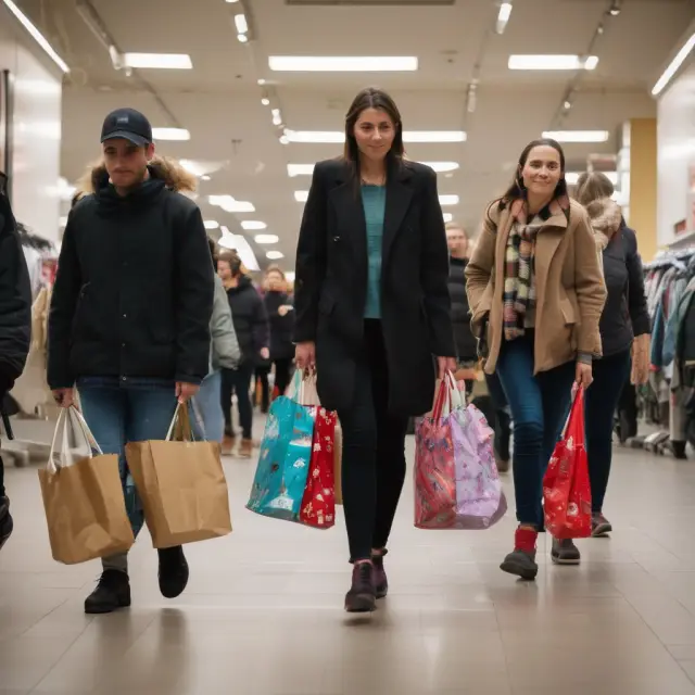 A flotilla of retailers navigating stormy seas, utilizing sales tactics to attract consumers amidst shopping strategies