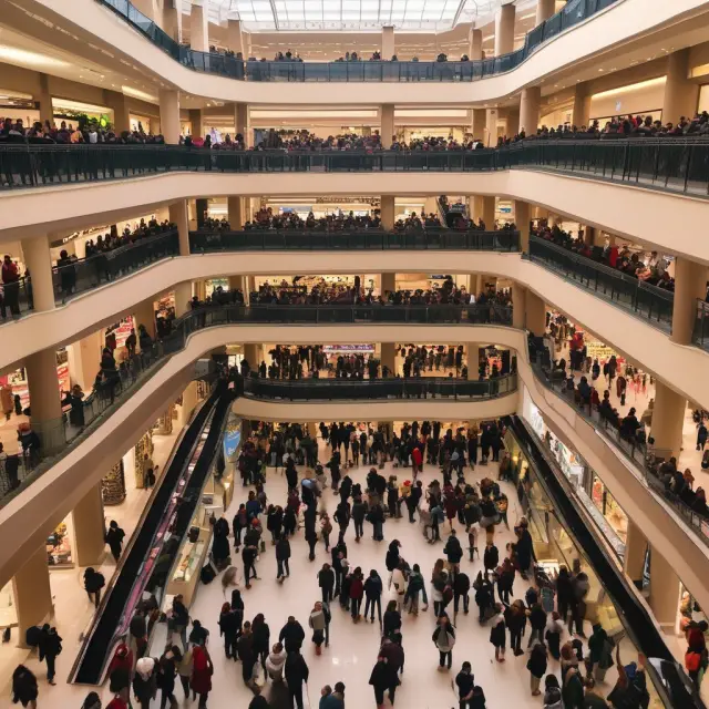 A crowded mall at sunrise. Shoppers gather at store entrances, illustrating anticipation for Black Friday sales.