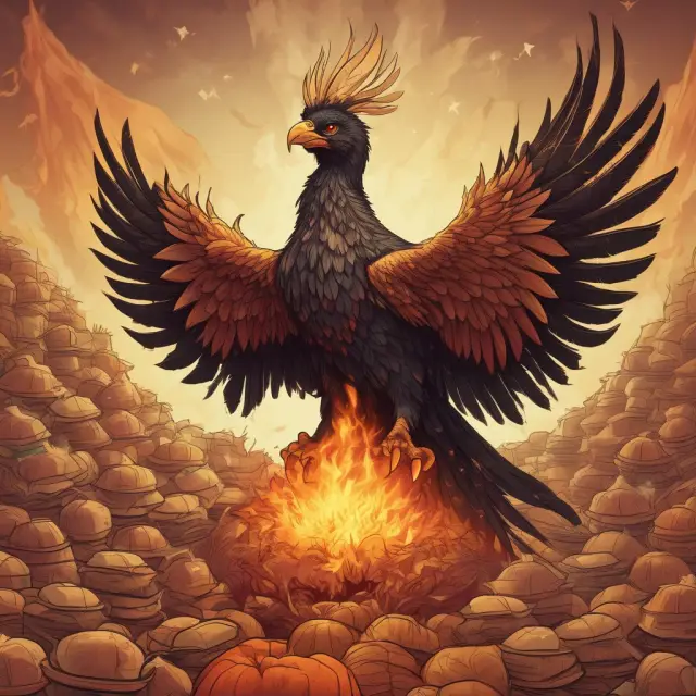 A mythical phoenix emerging from a mound of Thanksgiving food, representing Black Friday