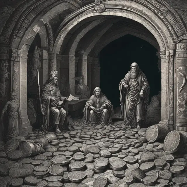 Image of ancient coins and modern digital currencies exchanging hands between hidden black markets and visible legal markets throughout history.