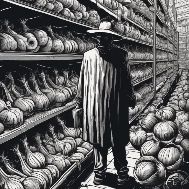 Shadowy figure unveiling hidden, illegal goods within layered onion markets