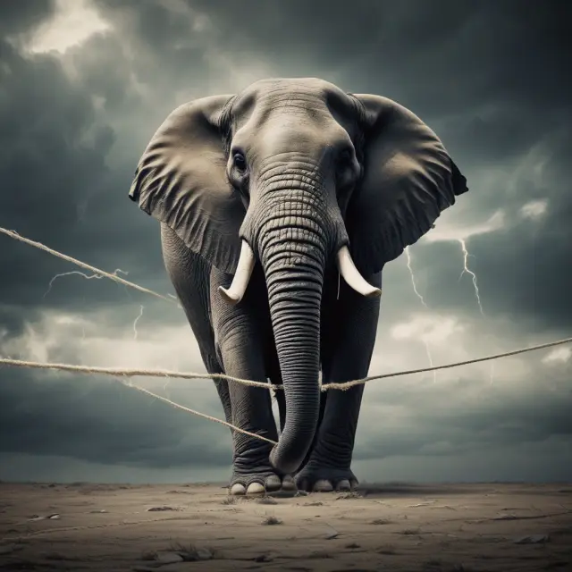 An elephant representing the bull market precariously balances on a tightrope, symbolizing investors