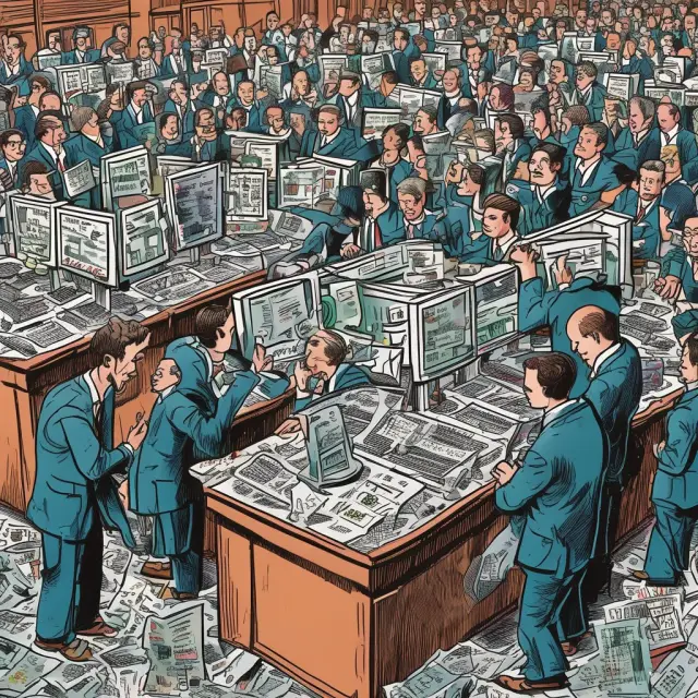 Robots in suits initiating panic selling, leading to market instability during the Black Monday stock market crash.