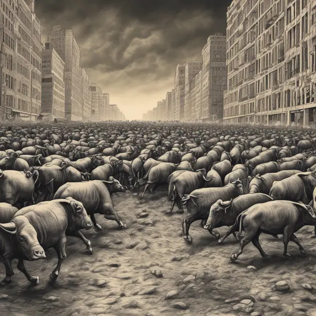 An image of a stampeding herd of investors, fleeing from the stock market, influenced by sensational media coverage.