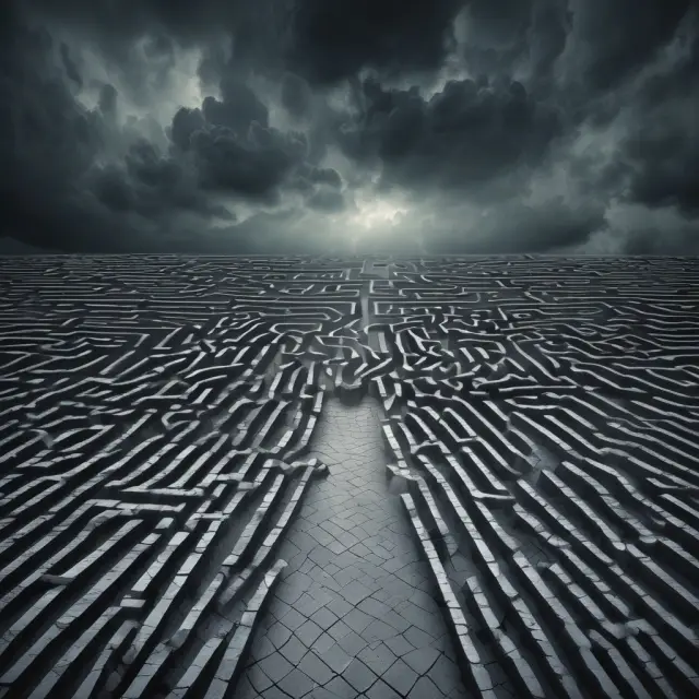 An ominous, stormy sky symbolizes the potential for another Black Monday. A volatile stock market maze illustrates the inherent risks and uncertainty in finance.