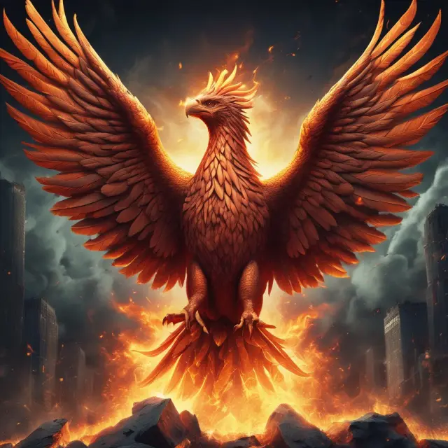 A phoenix bird emerging from a pile of burning stocks, representing market recovery from crashes