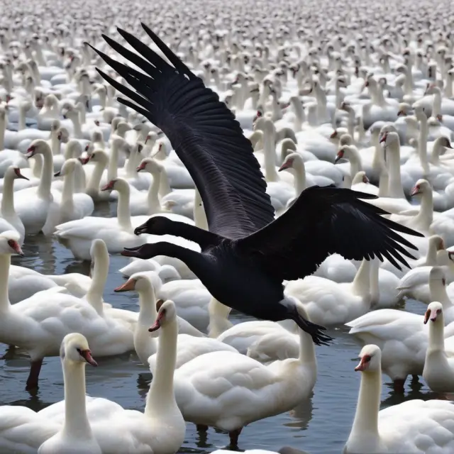 A black swan flying in the sky among white swans, representing unexpected, impactful events