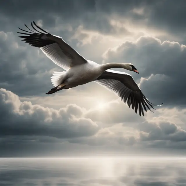 A black swan taking flight against a backdrop of open sky, illustrating the rare and unpredictable nature of black swan events in finance