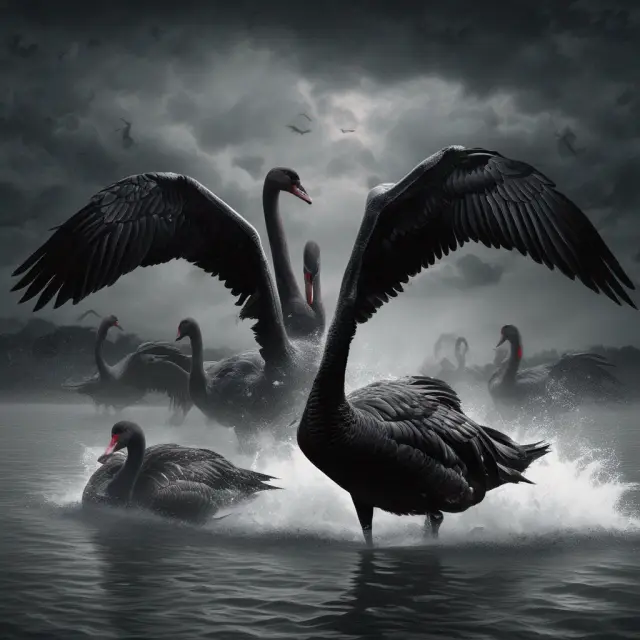 A dark and ominous storm cloud brewing over a turbulent sea of financial markets, symbolizing the unexpected nature and potential impact of black swan events.