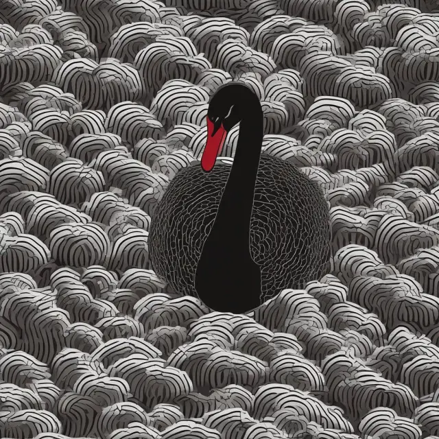 A single black swan concealed among normal distribution graphs, emphasizing the rarity and unpredictability of extreme events