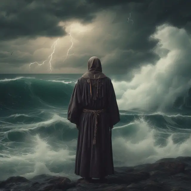 Seer gazing into turbulent waters, predicting unpredictable black swan events