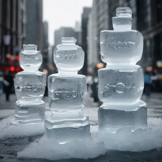 Ice sculptures of dotcom companies melting in a stormy sea, symbolizing the losses during the dotcom bubble
