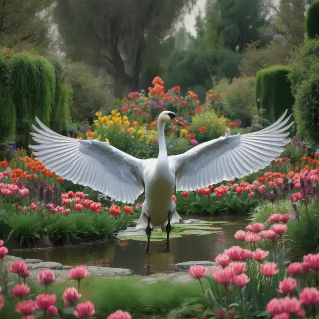 A grey swan in the sky above a well-diversified garden, representing the potential impact of grey swan events on financial markets.