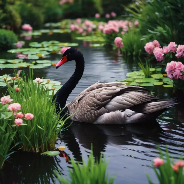 A black swan storm shakes up a well-diversified investment garden, symbolizing the impact of rare and unpredictable events on modern portfolio theory