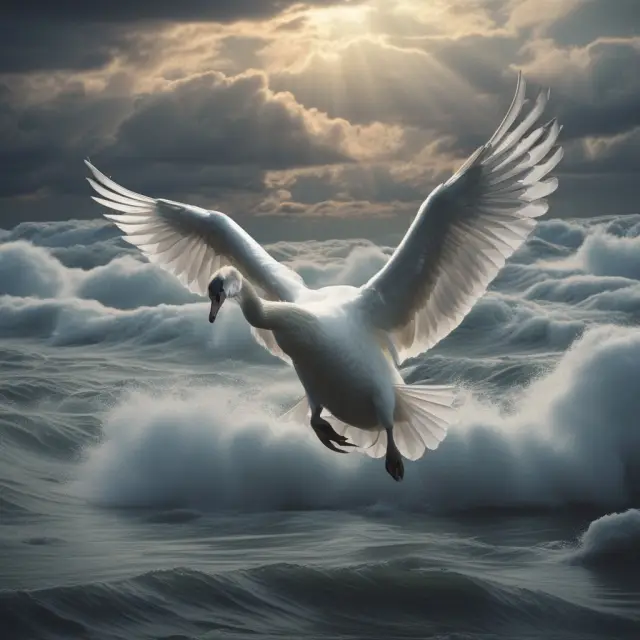 An anti-fragile swan gracefully flying over a diverse array of assets, representing the importance of both diversification and antifragility for investors in handling unpredictable black swan events