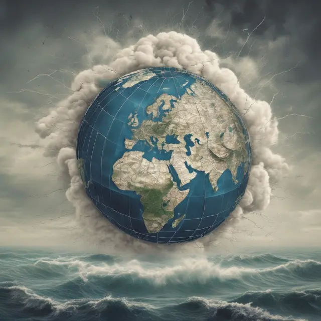 Protectionist tariffs forming a storm cloud above international trade routes, impacting the global economy