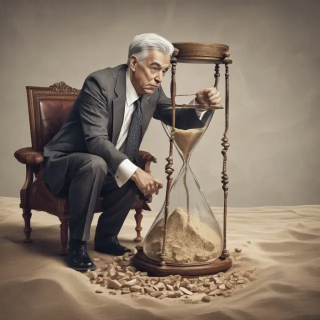 A central bank governor with an hourglass, as the sands flow faster, indicating higher interest rates, while the stock market collapses in the background