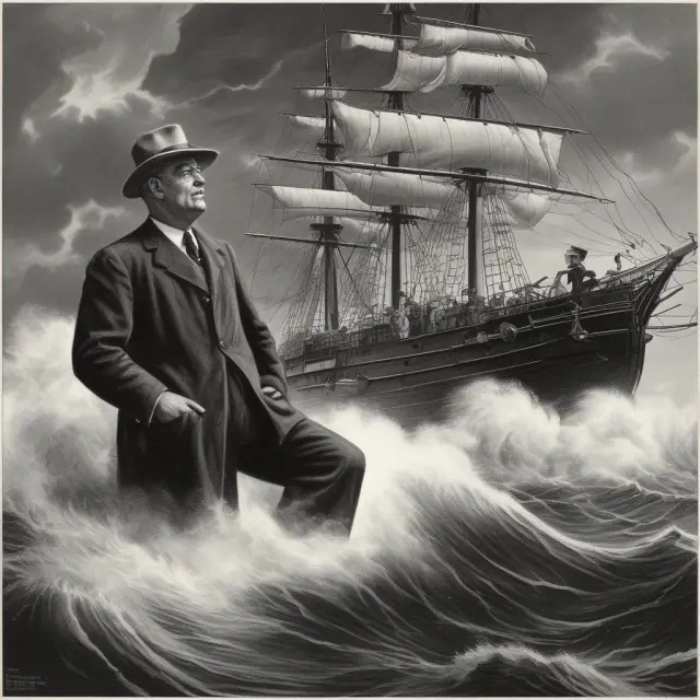 President Franklin D. Roosevelt navigating a ship amidst turbulent waters, symbolizing his economic recovery efforts with policies like the RTAA and New Deal.