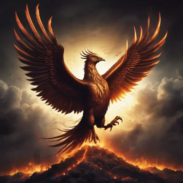 A mythical phoenix emerging from the flames, symbolizing the U.S. economy