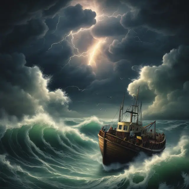 A tumultuous seascape with stock market graphs as waves, investors seeking refuge on a lighthouse, symbolizing the FAQ section addressing the causes and consequences of Black Tuesday